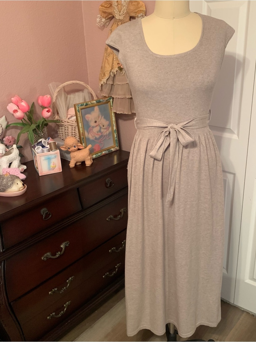 FASHION APPAREL Women's Taupe Tie-Waist Sweater Knit Maxi Dress